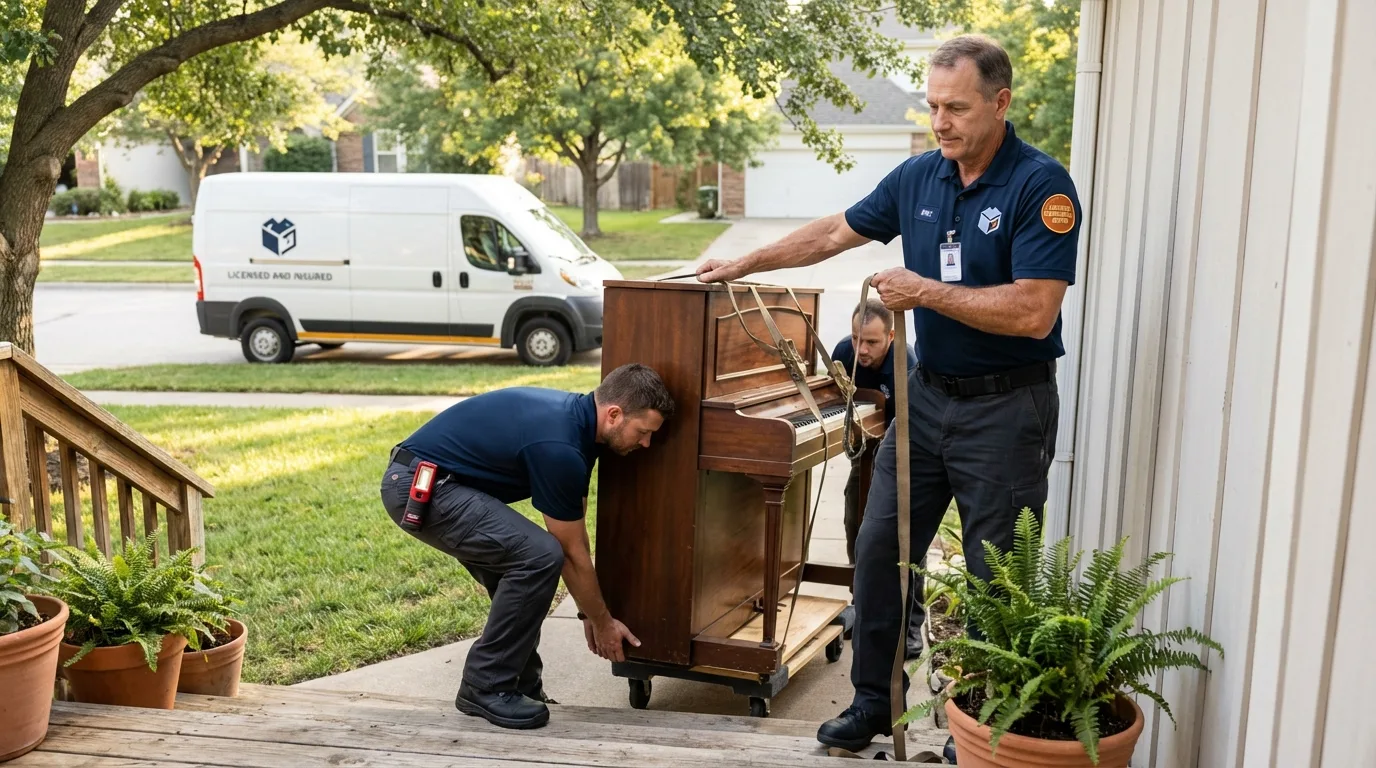 Licensed piano movers securing grand piano in Greenback, TN