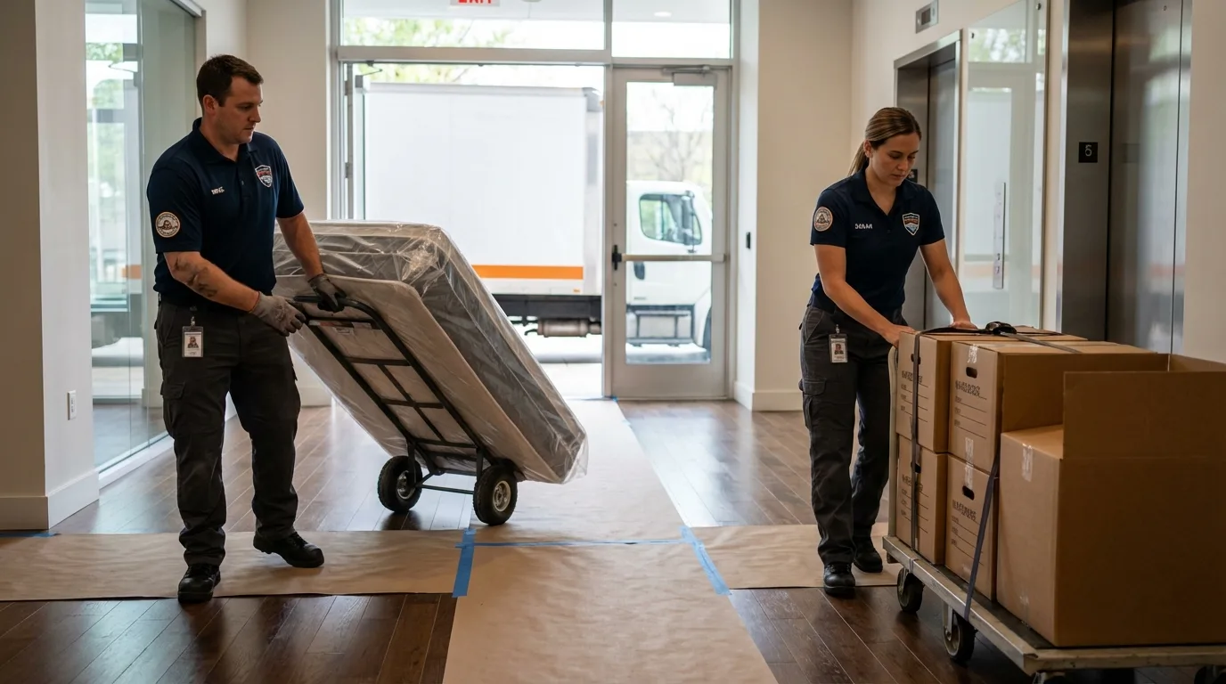 Professional apartment movers loading elevator in Greenback, TN